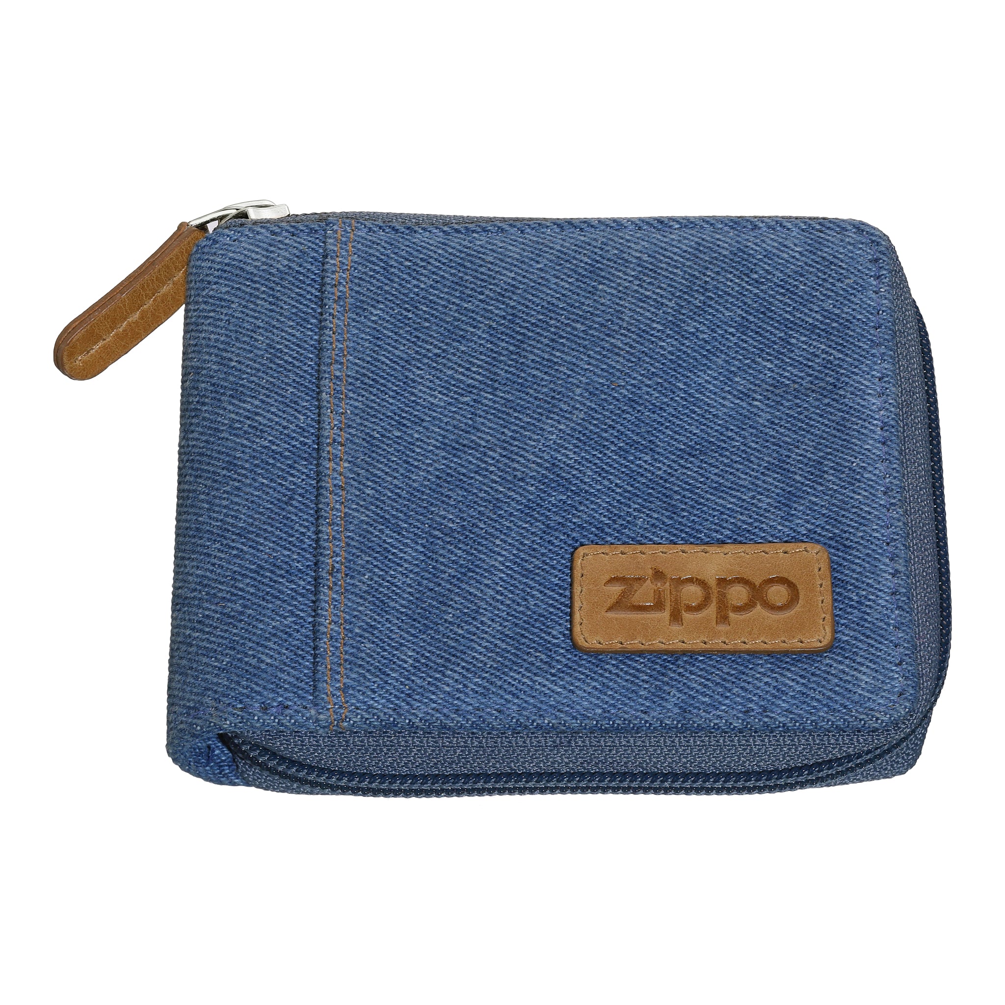 Mens Wallet Zipper Denim Blue Tan