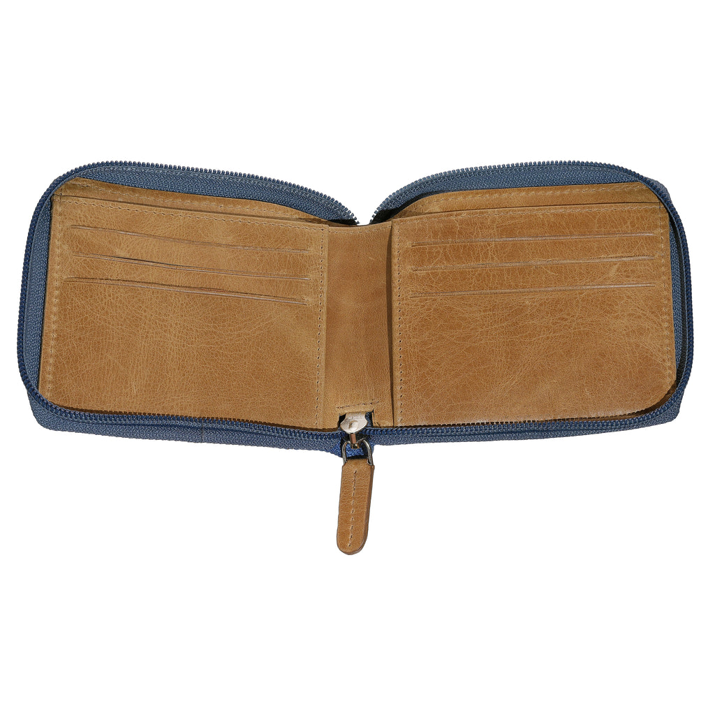 Mens Wallet Zipper Denim Blue Tan